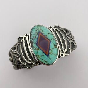 Vintage Navajo Ray Tracey & Knifewing Segura Sterling Silver Inlay Cuff Bracelet